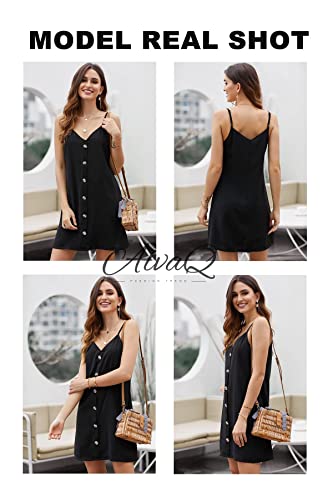 Alvaq Women Summer V Neck Spaghetti Strap Button Down Loose Tunic Skater Mini Dress Fashion 2023 Black Medium #TOP2