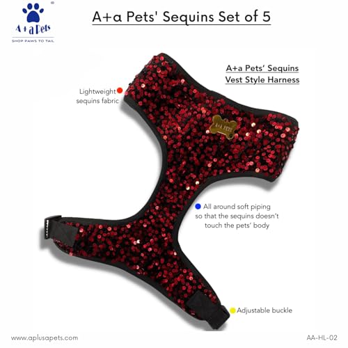 Image of A+a Pets' Sequins Set of 5- Harness, Leash, Collar, Bow & Poo Bag Pouch for Dogs and Cats (XL, Red)