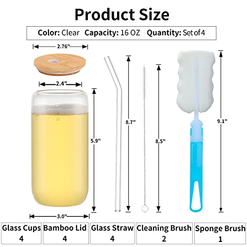 Woisut Glass Cups With Lids And Straws 4Pcs Set - 16Oz Can Shaped Drinking Glasses, Beer Glasses, Iced Coffee Cups, Cute Glass Tumbler For Smoothie, Milk Tea, Whiskey, Soda Water, Gifts For Women Men #TOP1