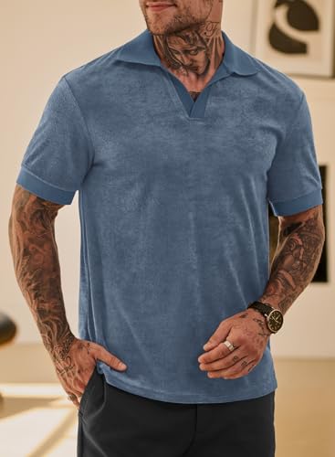 Mens Terry Polo Shirts Johnny Collar Casual Summer Short Sleeve Buttonless Shirt (S-XXL)2