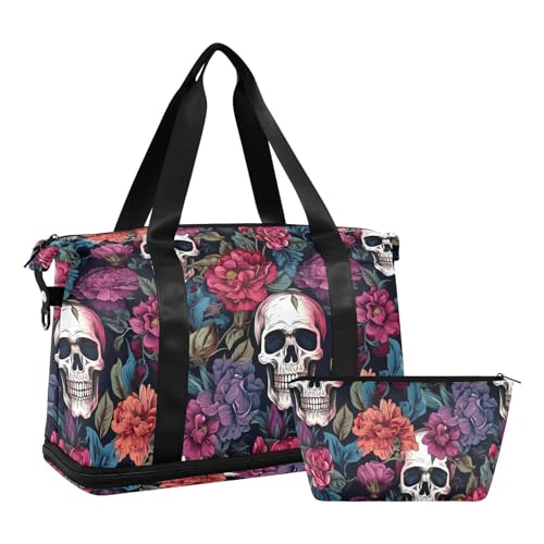 senya Skull Weekender Bag for Women, Purple Flower Skull Gym Bag Sports Duffle Bag Travel Tote Bag with Toiletry Bag Shoes Compartment Dry/Wet Separation Swim Bag, A06Y22017