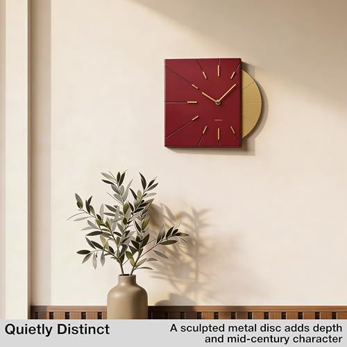 Image of Driini Red and Gold Mid Century Modern Wall Clock, Battery Operated | Square MCM face with a minimalist midcentury look. Contemporary decorative analog design for kitchen, office or living room