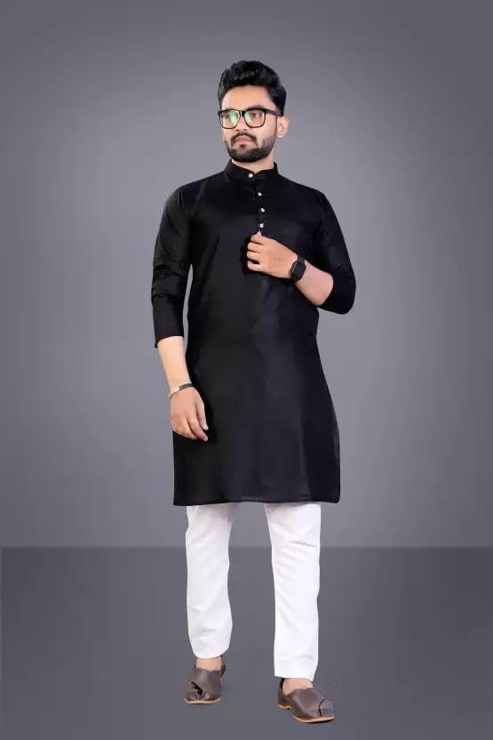 Image of weltpocket Men's Cotton Blend Solid Straight Kurta Pyjama