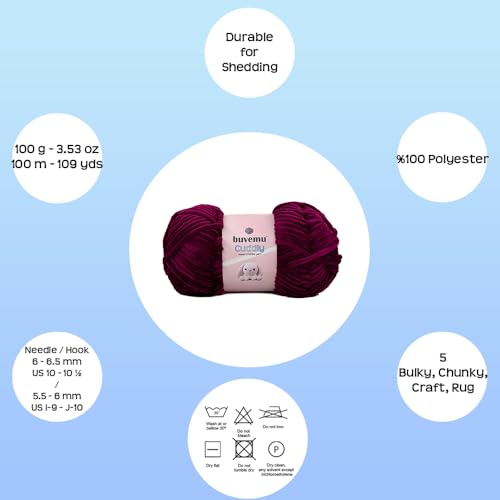 Image of Cuddly Velvet Chenille Yarn, Super Soft Fluffy Bulky for Knitting Crocheting Crafting Blanket Amigurumi, Durable for Shedding, 100 Gram (3.53 Ounces) 109 Yards (100 Meters) (Mulberry)