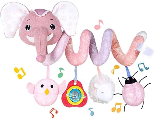 Koty Car Seat Toys, Infant Baby Spiral Plush Activity Hanging Toy for Stroller Bar Pram Crib with Music Box BB Squeaker & Rattles(Pink Elephant)