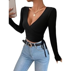 SOLY HUX Long Sleeve Wrap Crop Tops for Women Sexy Ruched V Neck T Shirts Tie Side Fitted Tees Going Out Top