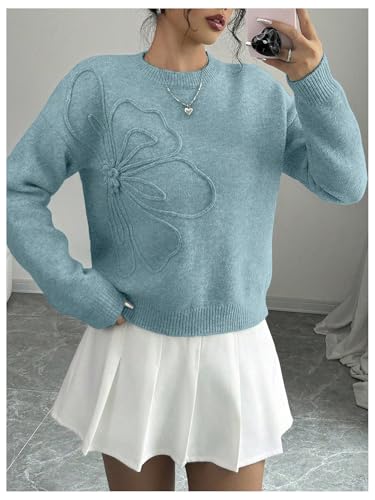 Image of RoseSeek Women's 3D Floral Appliques Crewneck Sweaters Long Sleeve Drop Shoulder Pullovers Elegant Knit Tops