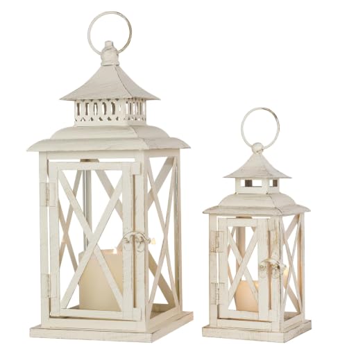 Lanterns Decorative Outdoor&Indoor, Set of 2 (14'&10') Beige Metal Lantern Decor with Glass, Candle Holder for Porch, Patio, Garden, Balcony, Wedding, Table Centerpiece