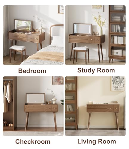 Image of KungFuWood Wood Vanity Desk with Mirror and Lights, Dressing Vanity Table Vanity Set 4 Drawers, 40 Inch Large Make Up Vanity Table Wooden with 3 Lighting Modes Log Color (with Adapter)