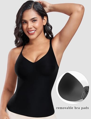 V-Neck Seamless Camisoles Tank Tops with Built in Bra for Women Summer Spaghetti Straps Tankini Camis