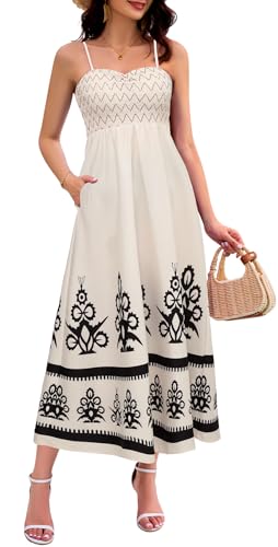 Berylove Womens Summer Dress Casual Boho Sleeveless Spaghetti Strap Floral Print Smocked Maxi Beach Sun Dresses for Vacation 2025 Apricot M