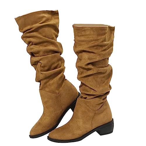 Onsoyours Stivali in Pelle Scamosciata da Donna Con Tacco Grosso - Punta a Cavaliere Plissettati Con Zeppa per Autunno e Inverno - Marrone 39 EU