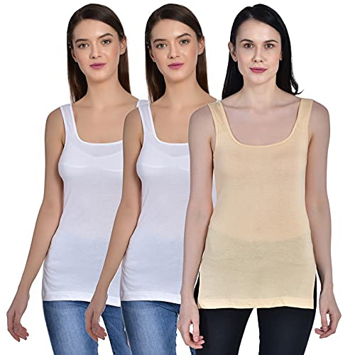 Image of Women's Regular Fit Sleeveless Cotton Long Camisole Slip Spaghetti Combo Pack of 3