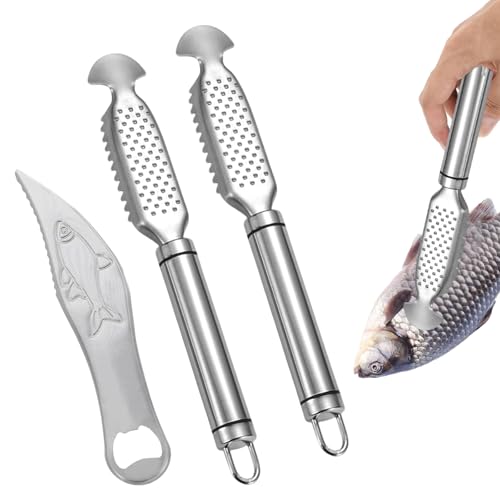 SHUOHONG 2 Piezas Removedor Escamas Pescado de Acero Inoxidable, 1 Raspador Escamas Pescado en Forma de Espada, Descamador de Pescado, Quitar Escamador de Pescado, Herramientas de Pescado para Cocina