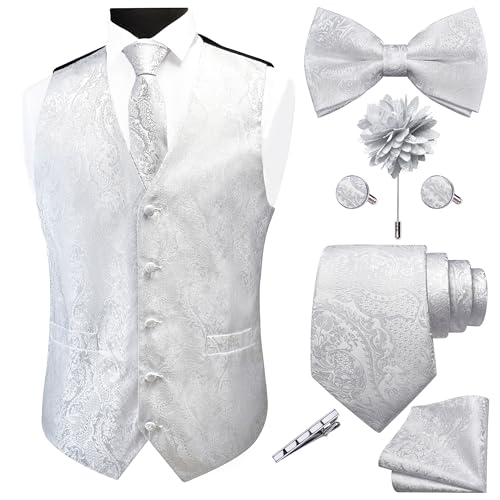 GUSLESON White Mens Vest Tie and Bow Tie Set Formal Waistcoat Paisley Floral Jacquard Necktie Pocket Square Suit Vests Lapel Pin Wedding Party (0815-07-M)
