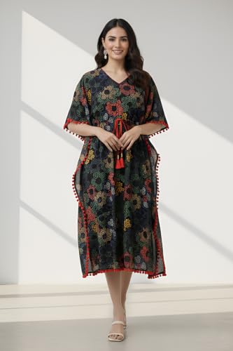 Image of Yash Gallery Womens Cotton Printed Kaftan Midi Dress Ethnic Wear