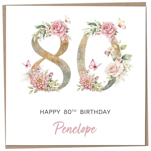 Personalised 80th Birthday Card for Women Luxury Flower & Butterfly Design with Customised Name Special Milestone Keepsake Gift Cute Contemporary Handmade Customizable Age 80 Cards Glitter Effect