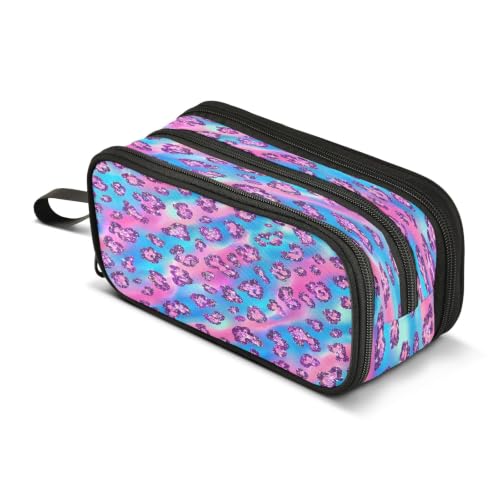Image of Leopard Print Pencil Case 3 Compartment Pen Bag Large Pouch Holder Box School Portable Stationery Storage Bag for Teen Girls Boys