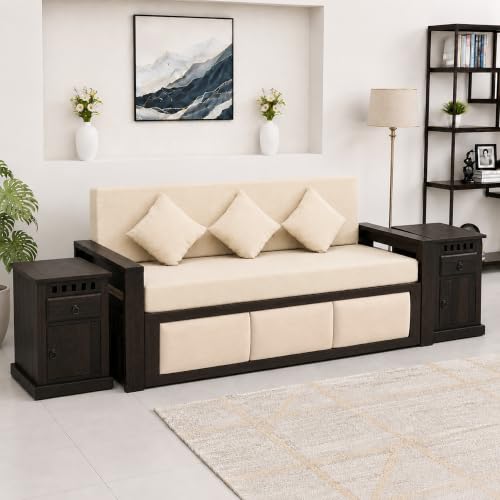 Image of SONA ART & CRAFTS Zeus Sheesham Wood 3 Seater Sofa Cum Bed with Bedside | Wooden 3 Seater Sofa for Living Room Wooden Furniture Sofa Bed for Home (Walnut Finish)