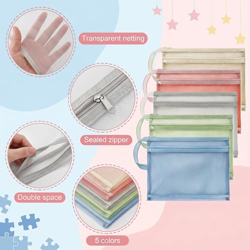 Image of Goaste 10 Pack Mesh Zipper Pouch Bags, Double-Layer Nylon Mesh Bags with Handle, Portable Puzzle Building Block Sets Toy Storage Bags, Colored A4 Document Storage Organizer for School Office Games