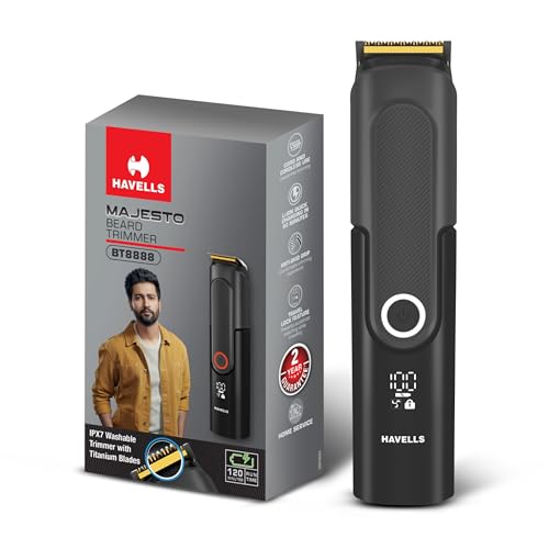 Havells Majesto Beard Trimmer BT8888|IPX7 Fully Washable|Trimmer for Men|With 40 Length Settings|Titanium Blade|For No Nicks & Cuts|Digital Display|Dual Speed Mode|Turbo Charge with 120 mins run time