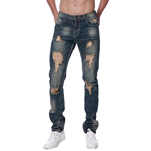 Previn Men's Distressed Denim Jeans Ripped Destroy Trousers Holes Freyed Slim Straight Pants2