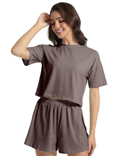 Image of Split Short Pajama Set Soft Women's Striped Pajama Sleeve Tee & Elastic Waist Shorts Summer Lounge Sleepwear