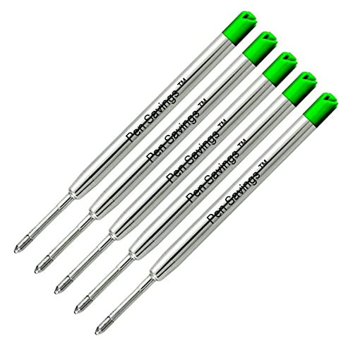 5 pack, Pen Savings Ballpoint Pen Refills Compatible With Parker Ballpoint Pens, Medium Point (Bulk Packed) (Green)