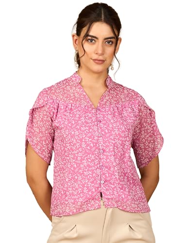 Image of Rare Women Casual Pink Colour V-Neck Abstract Shirt Style Top