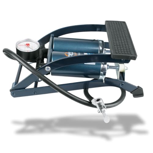 SKS GERMANY TWIN AIR Fußpumpe aus Stahl (Luftpumpe mit Doppelzylinder für AV-Ventile, Schlauch mit Klemmhebel, inkl. Fahrrad- und Campingadapter, max. Druck: 5 bar / 73 PSI), blau