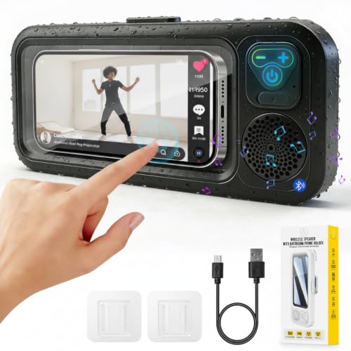 MRLTOP Waterproof Shower Phone Holder with Bluetooth Speaker Ipx5 360 Rotatable Suction Cup Wall Mount Universal for All Smartphones