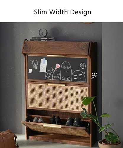 PYCJNFC Rattan Shoe Cabinet 3-tier Thin Woven Rattan Shoe Cabinet with Flip Drawers, Large Capacity Entry Cabinet with Magnetic Suction Blackboard, Natural Accent Cabinet for Living Room, Kitchen (S - Image 6