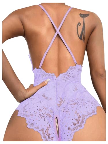 Image of SOLY HUX Women's One Piece Lingerie Sexy Lace Babydoll Deep V Teddy Criss Cross Backless Teddy Mini Bodysuit