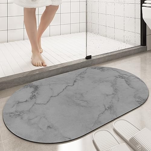 TOKLYUIE Stone Bath Mat, 50 * 80cm Quick-Drying Bathroom Mats, Super Absorbent Floor Mat, Stone Bath Mat Quick Dry, Rubber Non-slip Bottom, Easy to Clean Bathroom Rugs (50 * 80cm, Oval Light Gray)