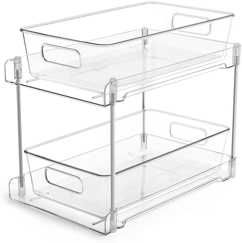 Vtopmart 2 Tier Bathroom Storage Organizer, 1 Pack Clear Under Sink Organizers Vanity Counter Storage Container, Medicine Cabinet Drawers Bins, Pull-Out Organization with Track for Pantry, Kitchen
