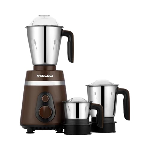 Bajaj Ninja Series Powergrind 1000 W Mixer Grinder With 3 Jars (Stainless Steel Jars) | DuraCut Blades For Lifetime Grinding | Double Ball Bearing 1000W Motor | 1 Yr Warranty【Brown/Chrome】