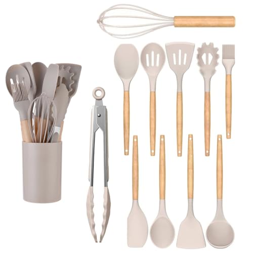 LiangYuanZen Praktisches 12 Küchen Utensilien Set Silikon und Holzgriffen Hitzebeständig antihaftbeschichtet und Leicht zu Reinigen Silikonspatel Kochgeschirr Set Spülmaschinengeeignet (Khaki)