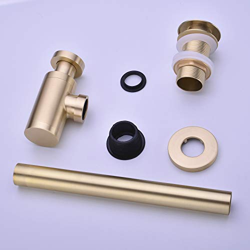 GORDEE Bathroom Sink Stopper P-Trap Complete Set Adjustable 1-1/4 Bottle Trap Solid Brass Sink Drain Kit Tube and Pop Up Drain Stopper Set without Overflow, Brushed Gold