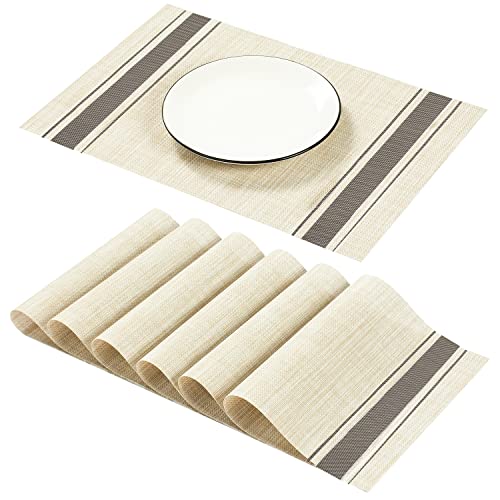 AHHFSMEI Placemats for Dining Table Set of 6 Woven Vinyl Plastic Place Mats Non-Slip Heat Insulation Stain Resistant Table Mats Washable Easy Clean Placemats (Beige Brown)