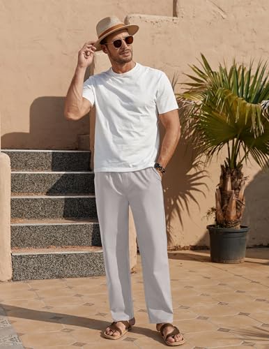 COOFANDY Calça masculina casual de linho, ajuste solto, cintura elástica, cordão, leve, verão, praia