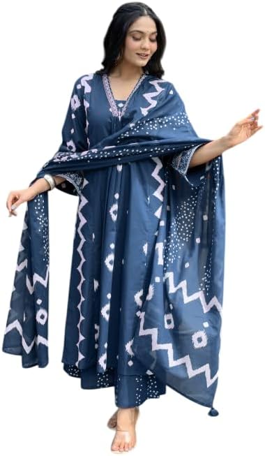 RangnaviWomen's Cotton Anarkali Printed V-Neck Kurta with Palazzo & Dupatta | Ethnic Set | Dupatta Set | Suit Set |Kurta Set |