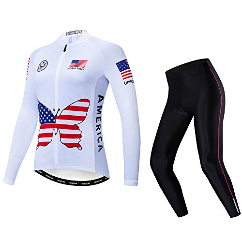 JPOJPO Women's Cycling Jersey Set Long Sleeve Bike Clothing Autumn Winter Reflective+5D Padded Long Pants S-2XL