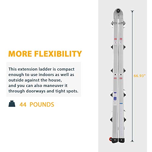 Aluminum Extension Ladder, 300 lb Duty Rating (Load Capacity Type IA) Model 22-Foot Durable and Multi-Purpose Ladder with Two Wheels - Thumbnail 4