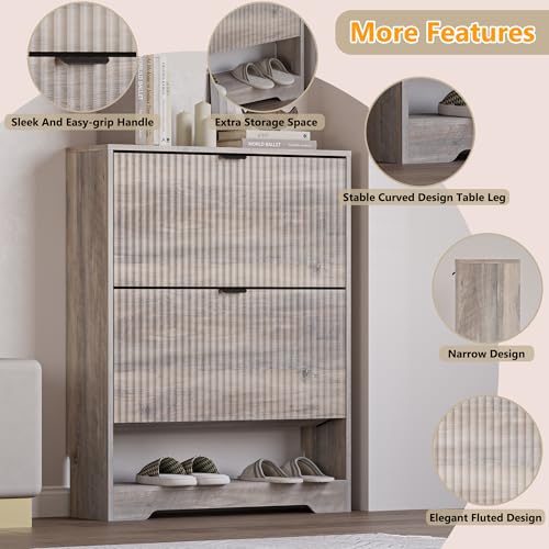 Image of BORNOON Shoe Cabinet with 2 Flip Drawers, Fluted Shoe Storage Cabinet with Adjustable Shelves, Freestanding Rack and Organizer for Entryway, Closet, Hallway
