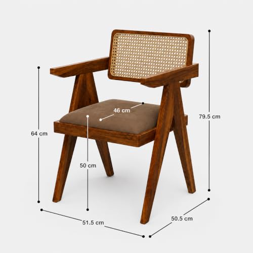 Image of Wooden Dining Table Set with 4 Chairs, Natural Oak, Sheesham Wood, Modern Style, Cane Back Chairs with Cushions, (Table (100 cm x 76 cm)