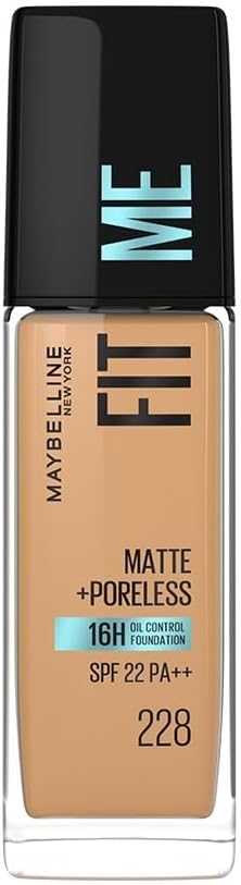 Maybelline New York Fit Me Matte + Poreless Liquid Foundation, pore minimising Foundation, lightweight formula suitable for daily use, Matte Finish Foundation for Indian Skin - 228 Soft Tan, 30 ml