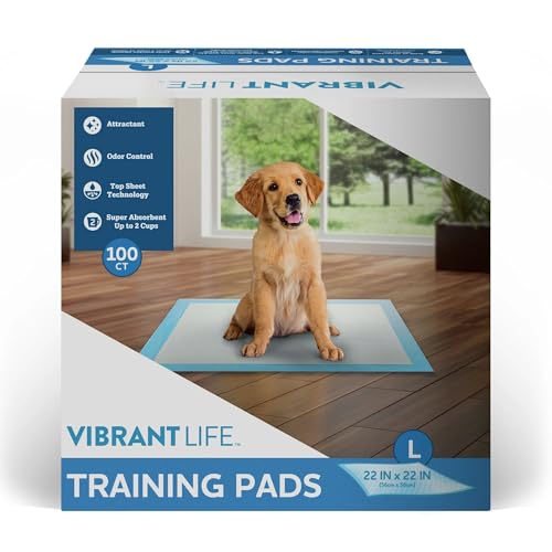 Vibrant Life Large Dog & Puppy Training Pads, 22 in x 22 in, Absorbent, Leak-Proof, Disposable, Odor Control, Built-in Attractant, Unscented, Perfect for Potty Training & Daily Use (100 Ct)