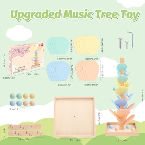 Marble Run Wooden Ball Drop Toys for 3-5 4-8 Wood Montessori Toys Music Tree for Toddlers Musical Game Learning Color Sorting Sensory Toys for Boys Girls 8-12 Gift (Height: 19.9in) (1.1in Balls) — view 2