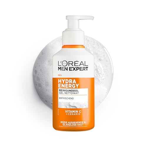 L'Oréal Men Expert belebende & sanfte Gesichtsreinigung für Männer, Waschgel für müde aussehende Männerhaut, Herren Cleanser für das Gesicht mit Vitamin C und Ceramiden, Hydra Energy 260 ml