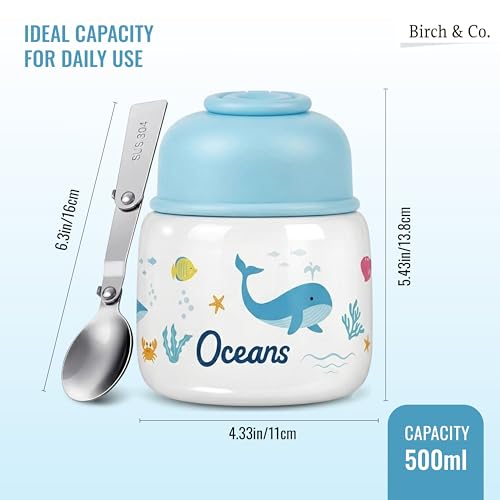 Image of Birch & Co. Baby Feeding Bowl and Spoon Set, Stainless Steel Food Bowls - 500ml, 304 Stainless Steel Baby Food Container with Double Wall Vacuum Insulation, BPA-Free Leak-Proof for School & Travel, Blue